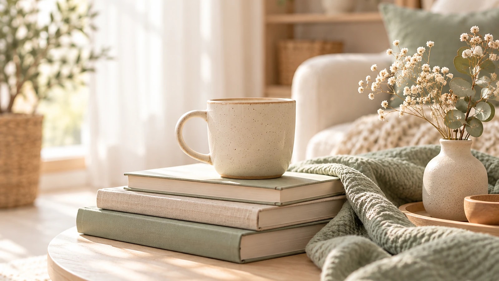 Чашка чая и книги на столике