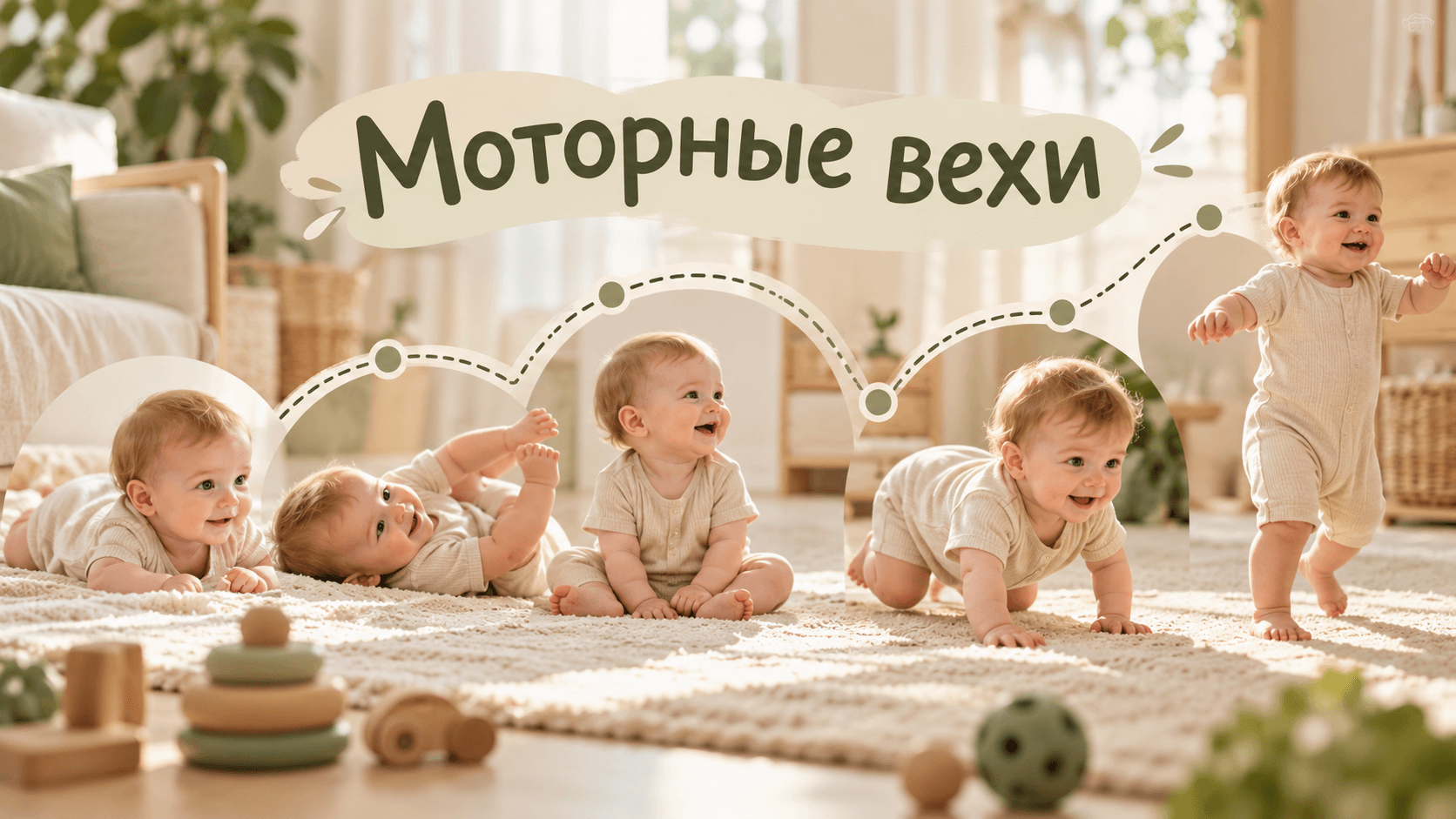Малыши на ковре показывают этапы моторного развития: лежит на животе, переворачивается, сидит, ползёт и делает первые шаги. Их соединяет пунктирная линия, сверху надпись «Моторные вехи»
